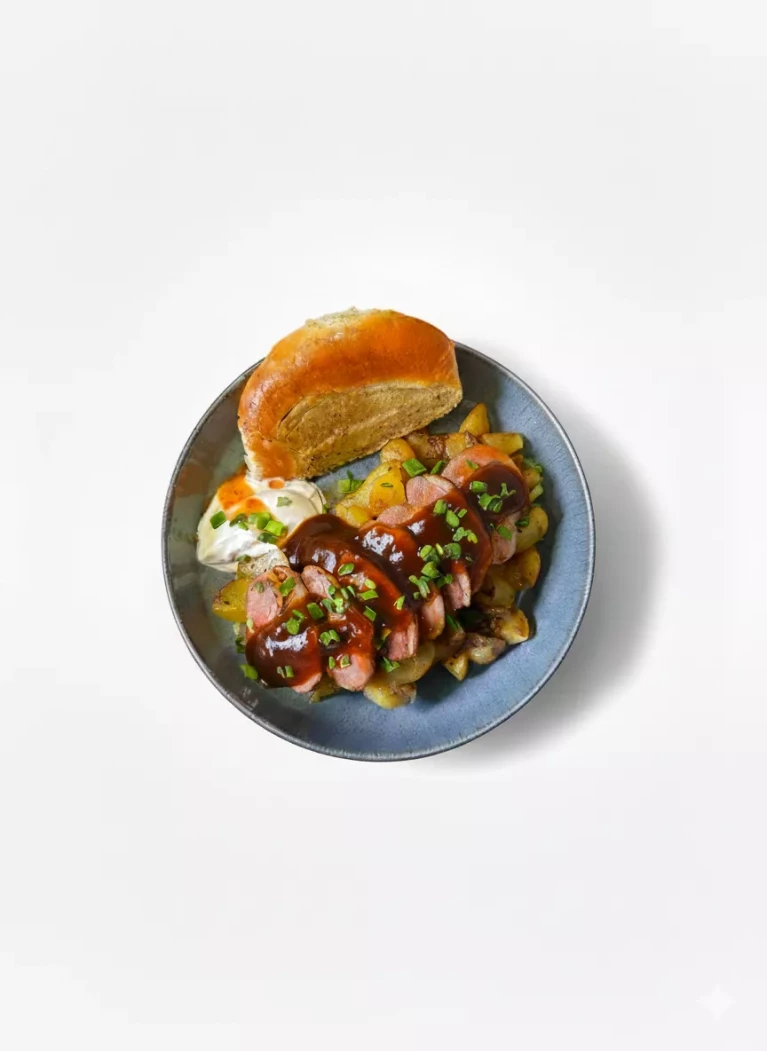 Копченая утиная грудка с жареным картофелем и соусом из темного хлеба