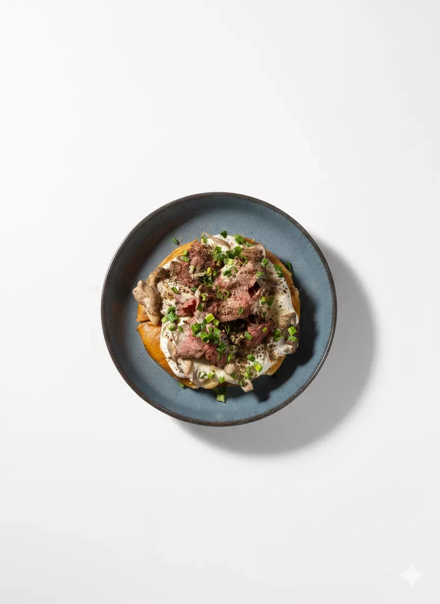 Шанежка со сливочными лесными грибами и вырезкой башкирского бычка.