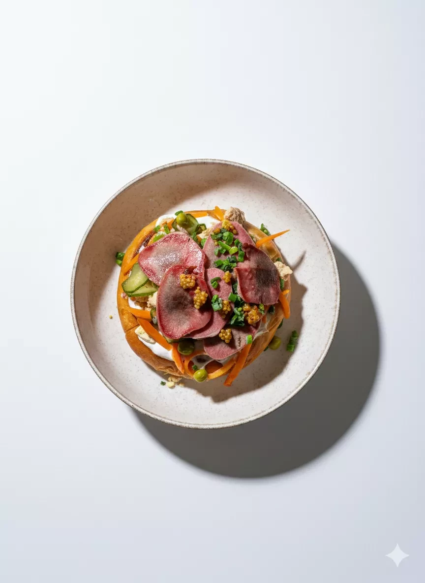 Шаньга с отбивной, копченным яйцом и горчичным соусом. ОЛИВЬЕ